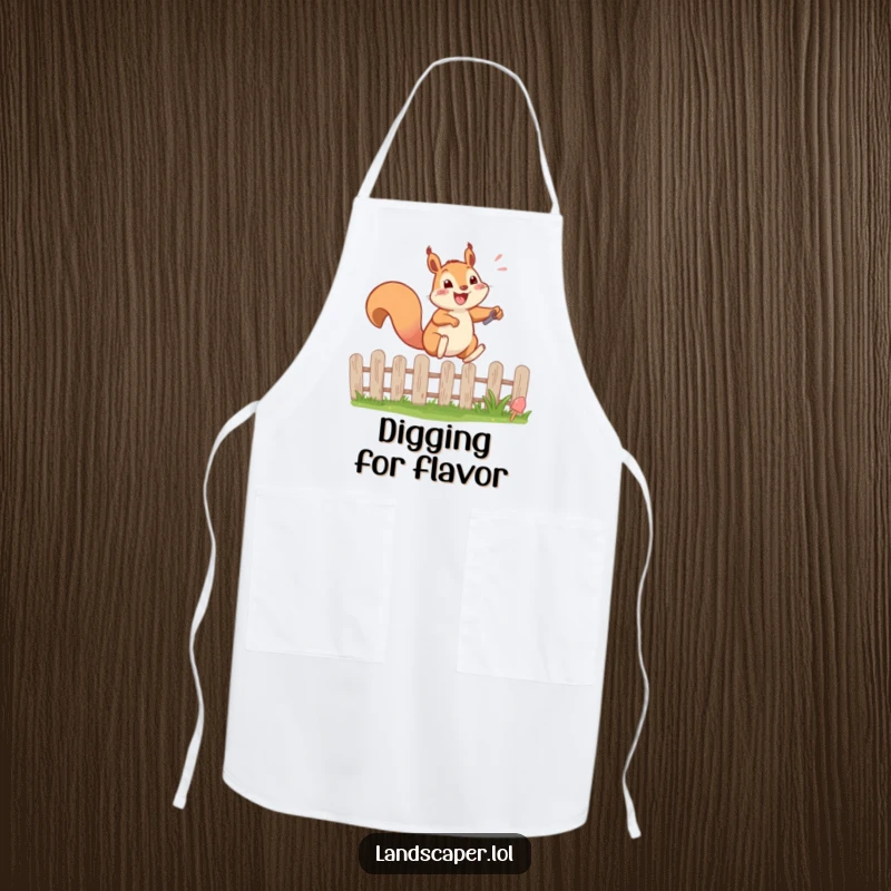 Funny apron featuring a happy squirrel energetically leaping over a garden fence with a tiny shovel. A humorous gardening accessory.