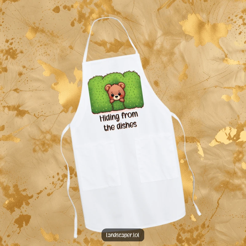Funny bear cub apron, peeking mischievously from behind a vibrant green hedge, a humorous and practical kitchen accessory.