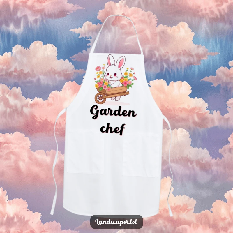 Fluffy bunny pushing a wheelbarrow overflowing with colorful flowers, adding a touch of garden whimsy to this apron.