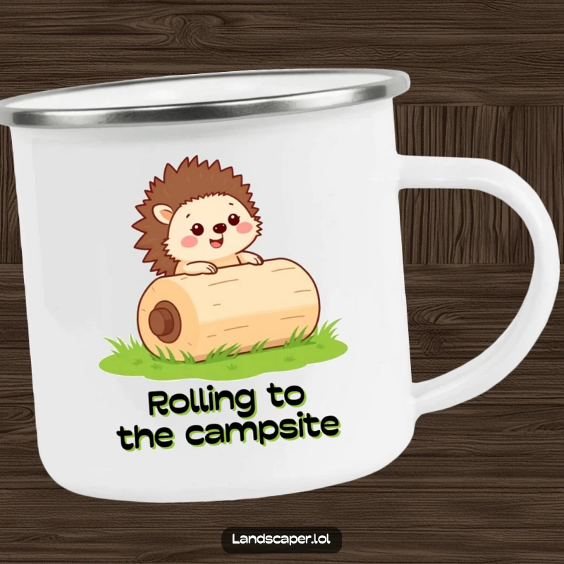 Funny enamel camping mug with a cheerful hedgehog rolling a lawn roller, perfect for outdoor tasks and determined humor.