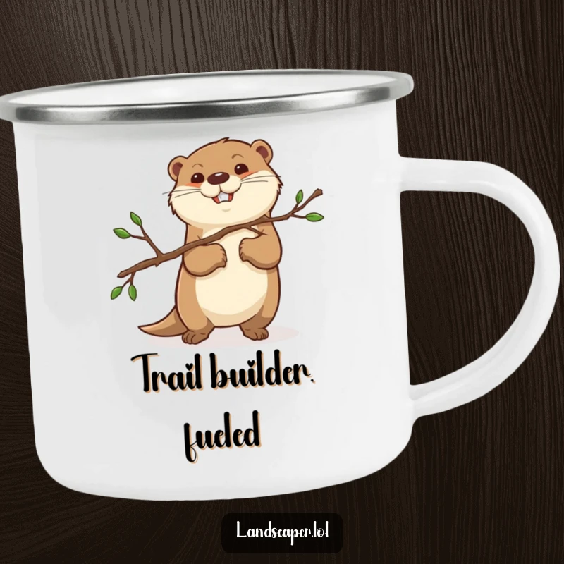 Funny otter carrying a pruned branch with intense determination. This camping mug is built for adventure and brings woodland humor.
