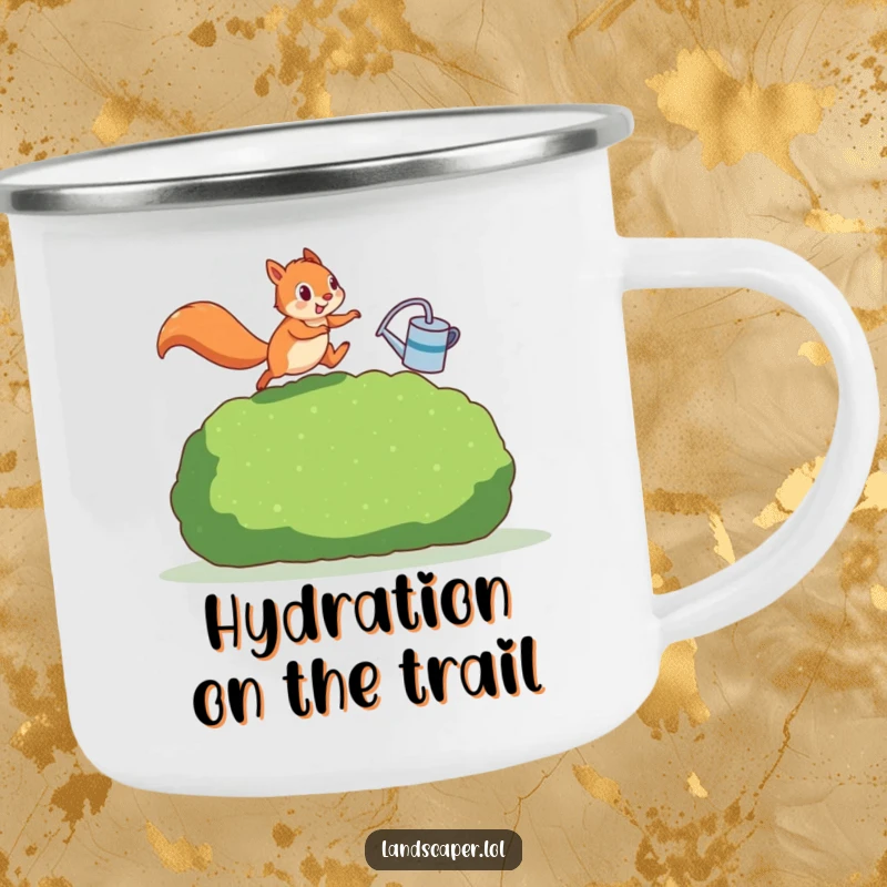 Funny squirrel leaping a hedge with a watering can, ready for outdoor adventures. This camping mug is durable and full of cheerful humor.