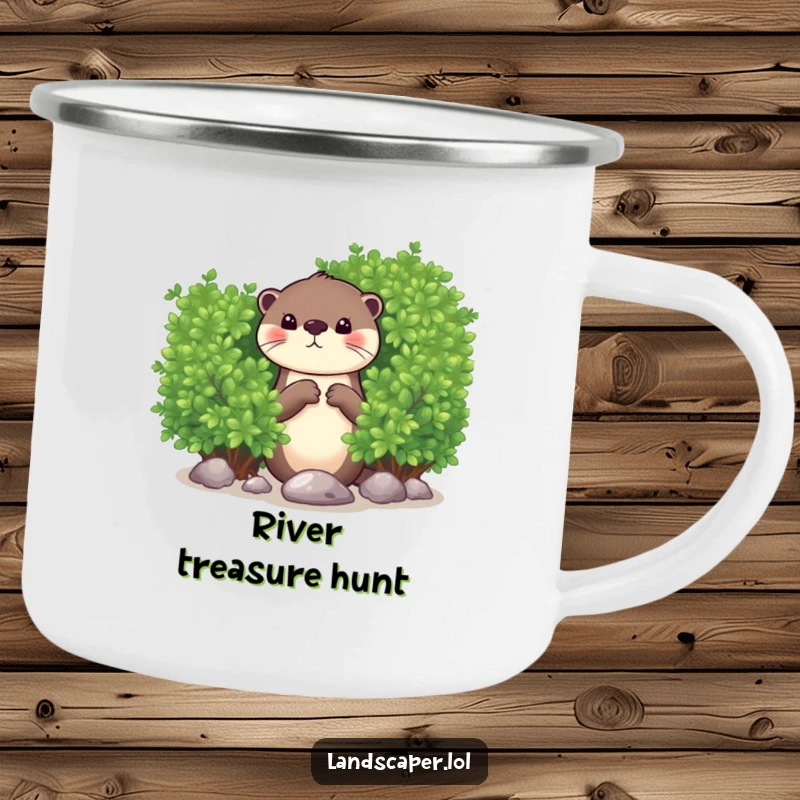Funny camping mug featuring a curious otter peeking from behind a bush, dropping a shiny pebble. Durable and humorous for outdoor use.