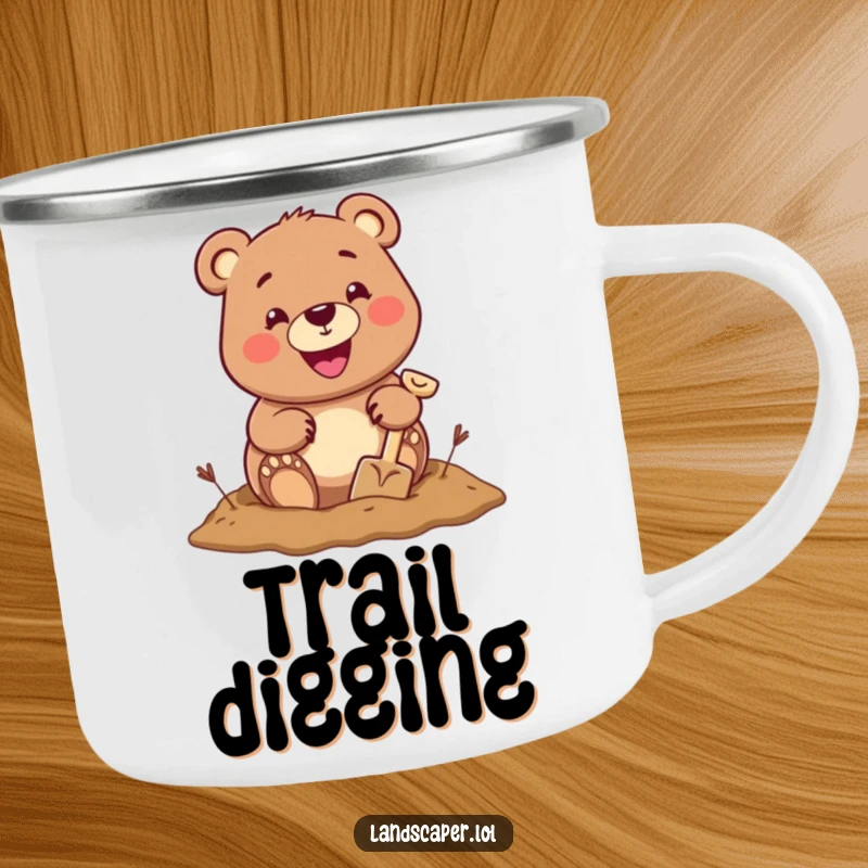 Cheerful bear with a big grin digging a hole with a tiny shovel, perfect for enjoying hot beverages with outdoor-themed cheer.