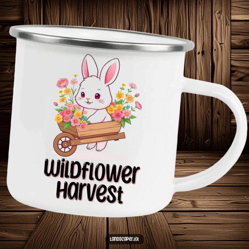 Fluffy bunny pushing a wheelbarrow overflowing with colorful flowers, perfect for enjoying hot beverages with garden-themed cheer.