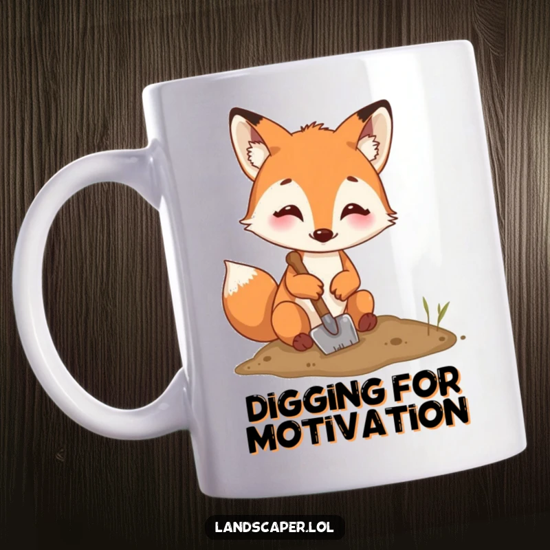 Funny fox mug, happily digging a small hole with a tiny shovel, showing intense concentration and charming industriousness.