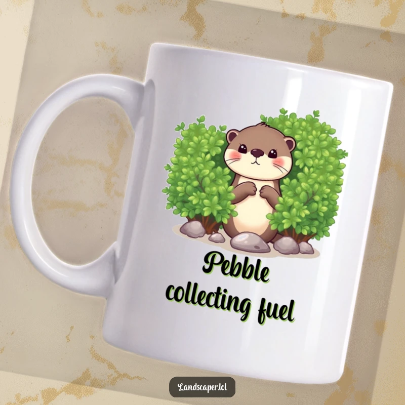 Funny mug featuring a curious otter peeking from behind a green bush, playfully dropping a shiny pebble. Whimsical wildlife art.