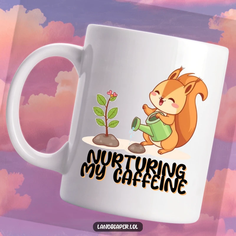 Funny mug with a happy squirrel gleefully watering a tiny sapling, representing growth, care, and playful humor.