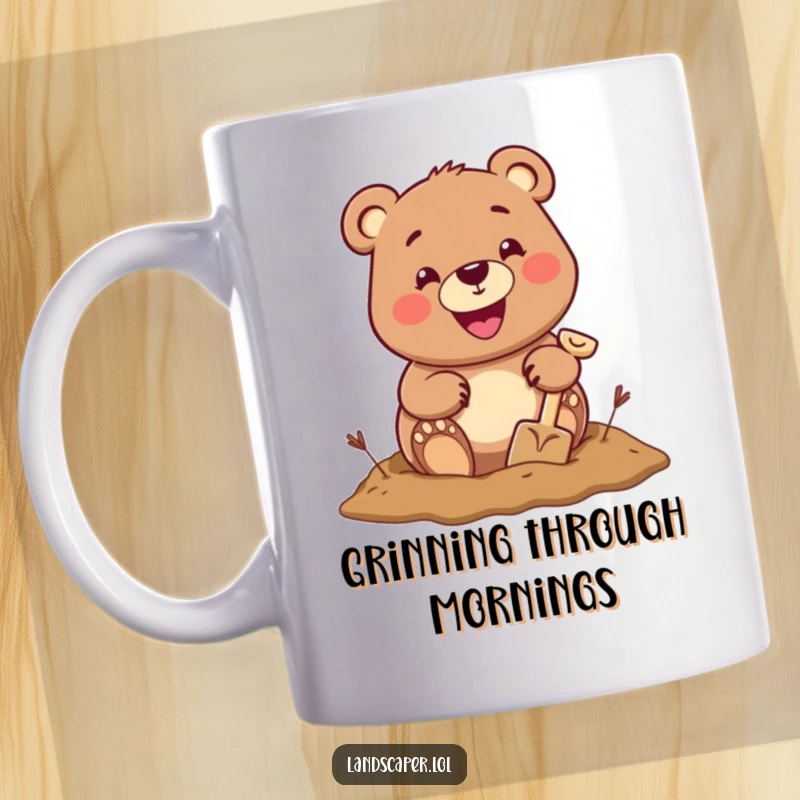Cheerful bear grinning widely while digging a hole with a tiny shovel, embodying adventurous spirit and playful determination.