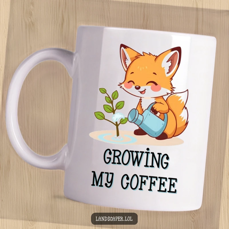 Funny mug featuring a playful fox cub giggling while watering a small, cheerful sapling with a tiny watering can. Adorable and heartwarming.