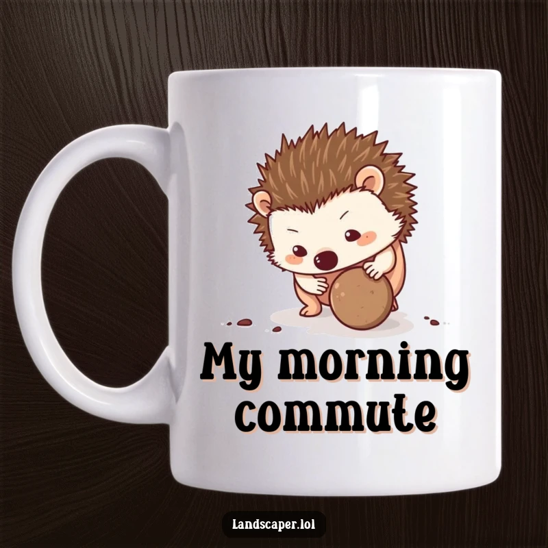 Funny Hedgehog Mug: A determined hedgehog joyfully rolls a perfectly round dirt ball with its nose, celebrating perseverance.