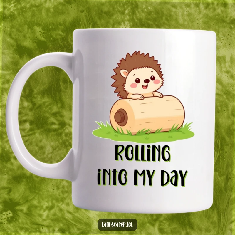 Funny mug with a cheerful hedgehog rolling a large green lawn roller, embodying dedication and adorable humor.