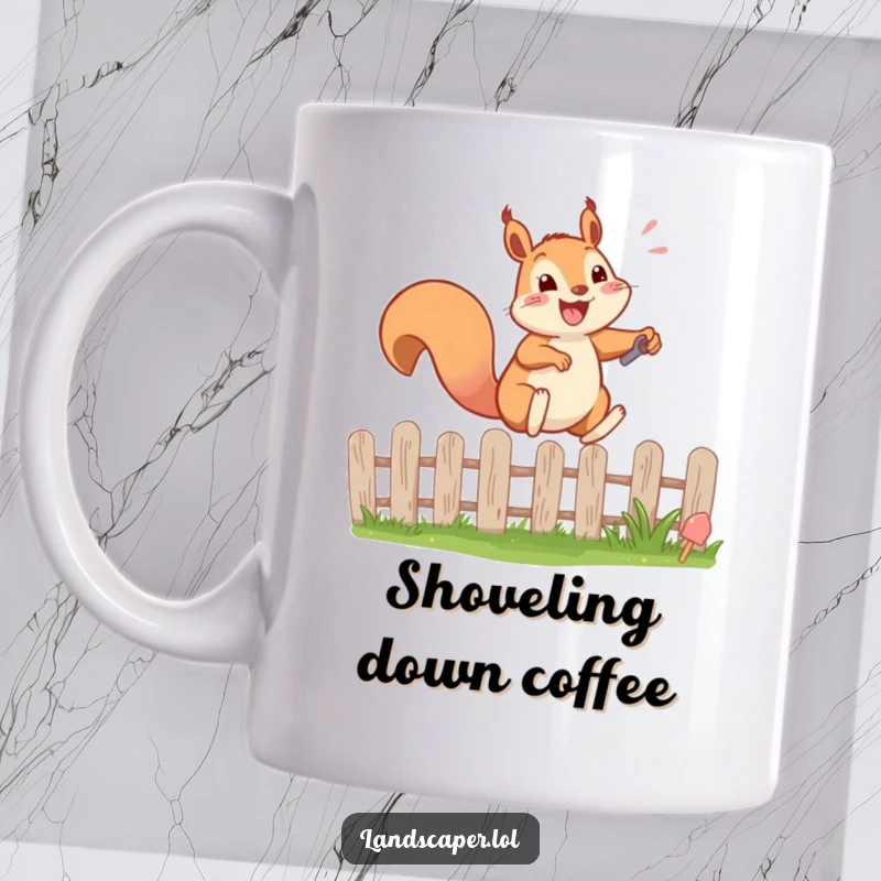 Funny mug featuring a happy squirrel excitedly leaping over a garden fence with a tiny shovel. Symbolizes energy and gardening fun.