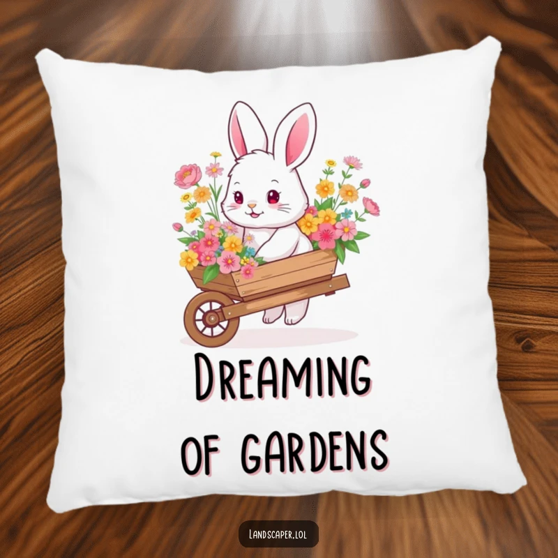 Fluffy bunny pushing a wheelbarrow laden with colorful flowers, offering plush comfort and whimsical garden charm.