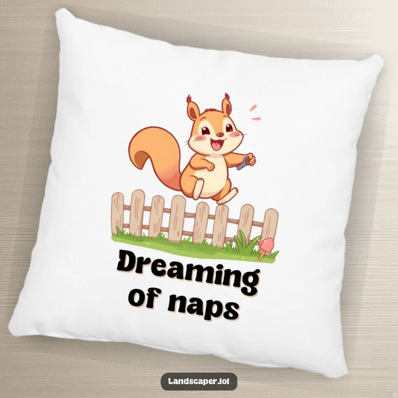 Funny pillow featuring a happy squirrel energetically leaping over a garden fence with a tiny shovel. Soft and humorous decor.