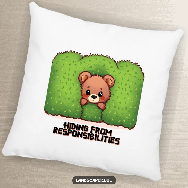 Funny bear cub pillow, peeking playfully from behind a manicured hedge, offering comfort and a touch of woodland humor.
