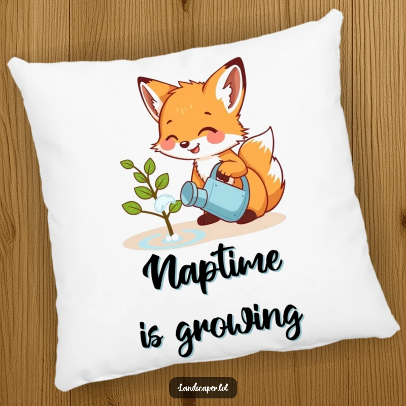 Funny pillow featuring a playful fox cub giggling while watering a small sapling with a miniature watering can. Soft and adorable decor.