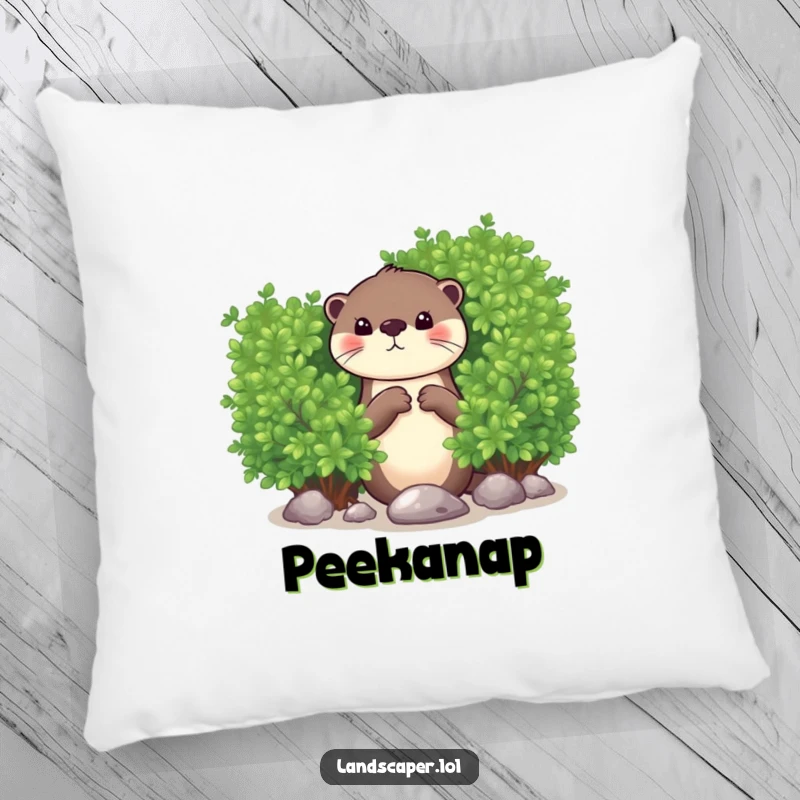 Funny pillow featuring a curious otter peeking from behind a bush, dropping a shiny pebble. Soft and humorous decor.