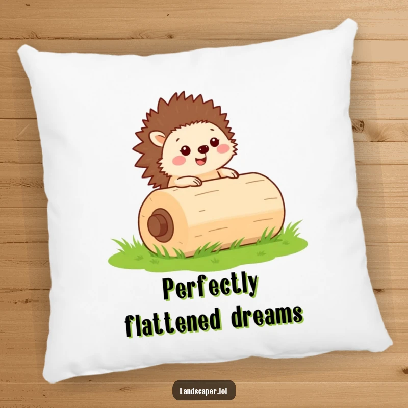 Funny pillow showcasing a happy hedgehog rolling a lawn roller, offering cozy comfort and hardworking whimsy.