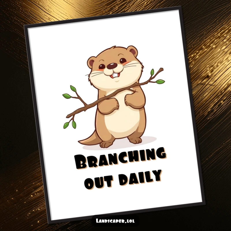 Funny otter with a determined gaze carrying a pruned branch. This digital art print brings focused woodland energy to any room.