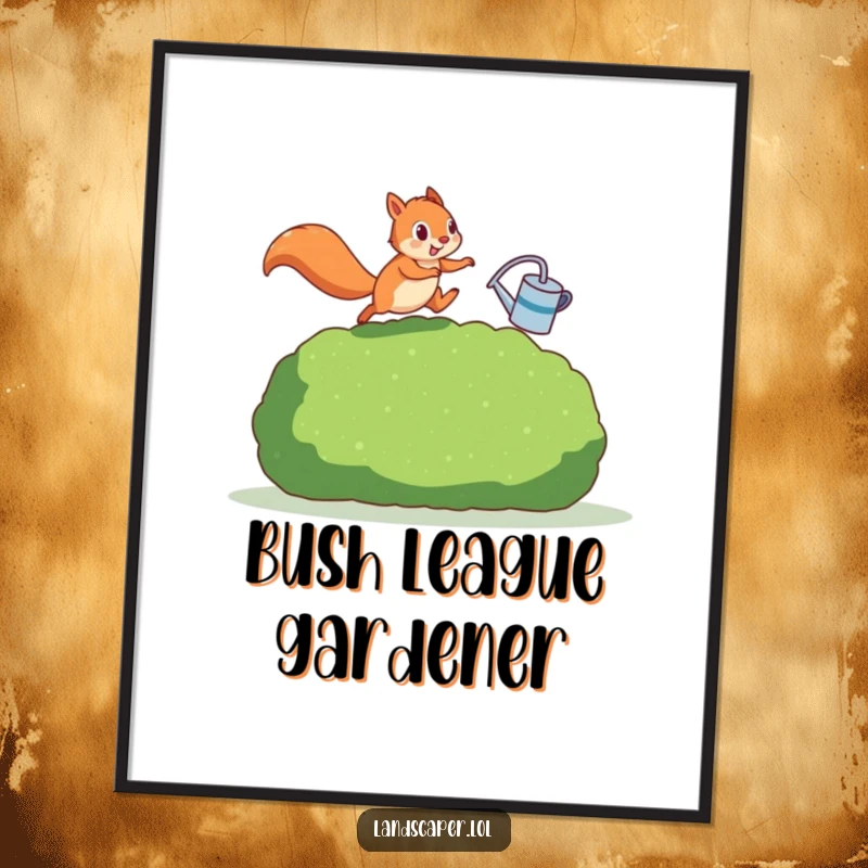 Funny squirrel mid-jump over a hedge with watering can, a playful garden scene. This digital art print adds instant humor and charm.