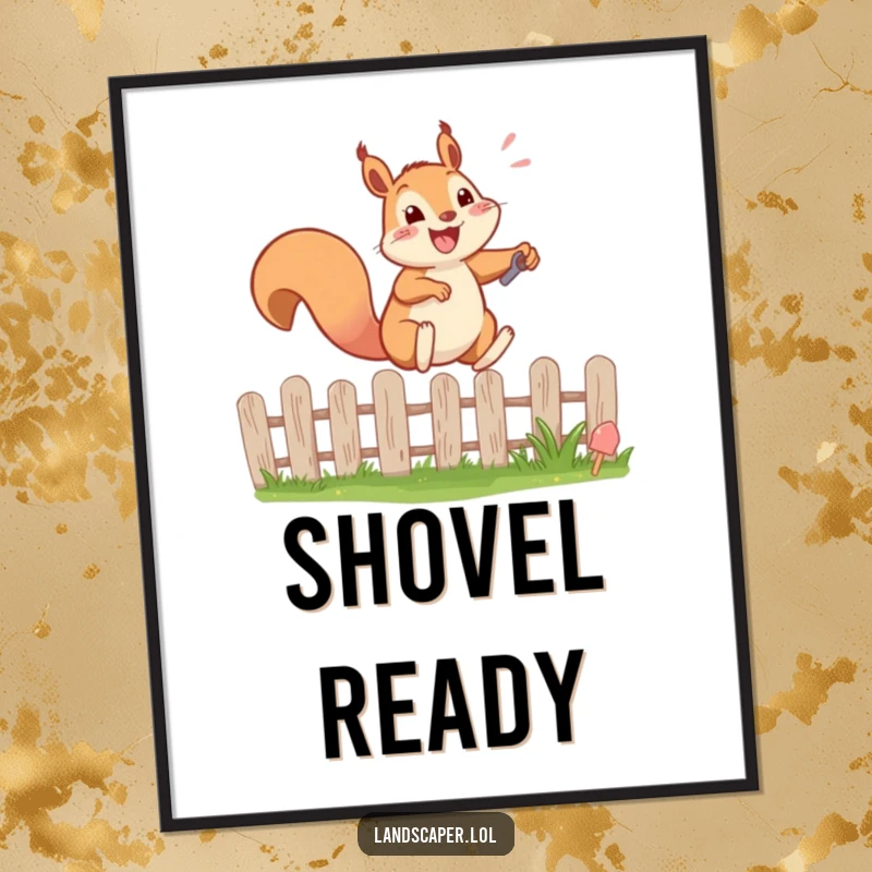 Funny digital art print of a happy squirrel energetically leaping over a garden fence with a tiny shovel. Instant download.