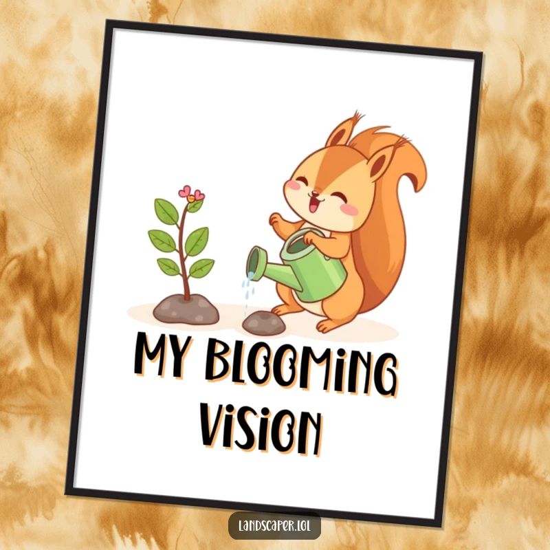 Funny digital art print of a playful squirrel gleefully watering a tiny sapling, ideal for nurturing and humorous decor.