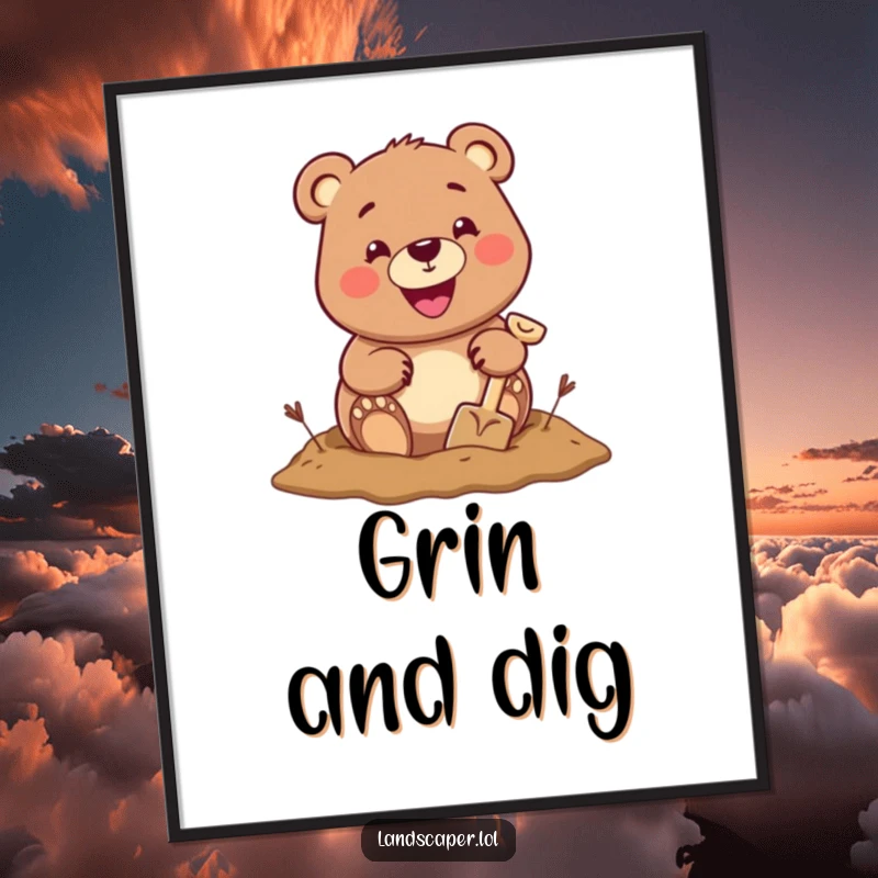 Cheerful bear with a big grin digging a hole with a tiny shovel, a whimsical digital art piece bringing outdoor charm and humor.