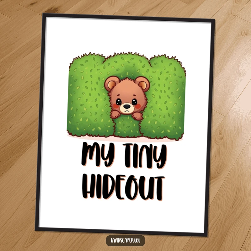 Funny bear cub digital art print, peeking mischievously from behind a green hedge, offering instant humor and charm.