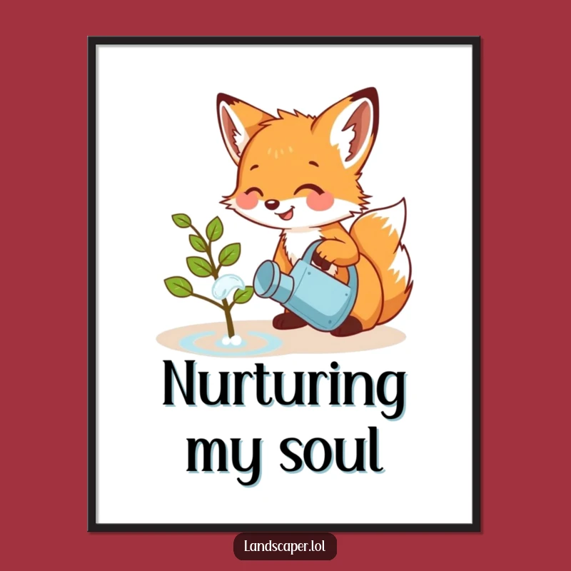Funny Fox Cub Watering Sapling Digital Art: Adorable Instant Download