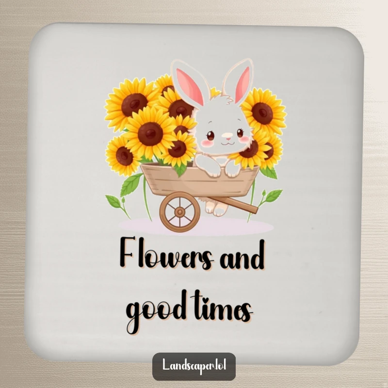 Funny drink coasters with a cheerful bunny pushing a wheelbarrow full of sunflowers, protecting surfaces with garden whimsy.