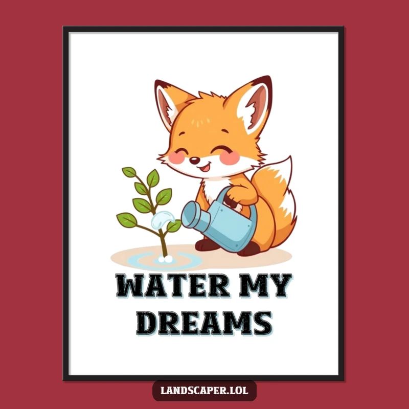 Funny Fox Cub Watering Sapling Poster: Adorable Woodland Art Print Gift