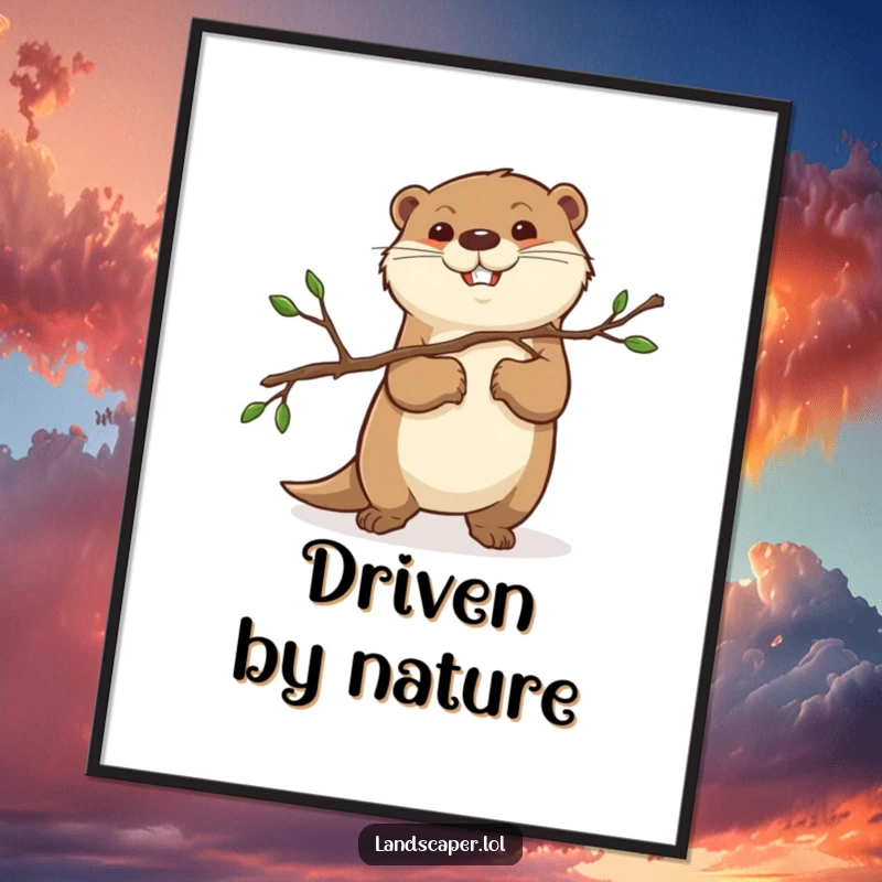 Funny happy otter with a determined expression, holding a pruned branch. This poster adds a touch of focused woodland charm.