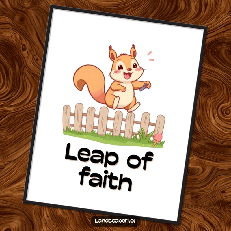 Funny poster featuring a happy squirrel energetically leaping over a garden fence with a tiny shovel. A joyful garden scene.