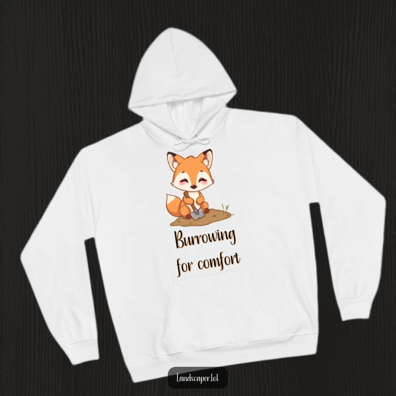 Funny fox digging hoodie, a happy fox with a determined look using a small shovel to dig a hole, embodying effort.