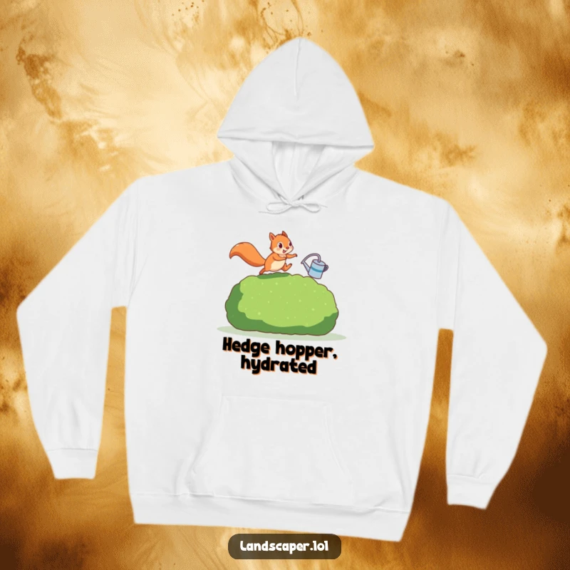 Funny squirrel in motion with a watering can, leaping over a hedge. This cozy hoodie embodies playful outdoor fun and gardening humor.