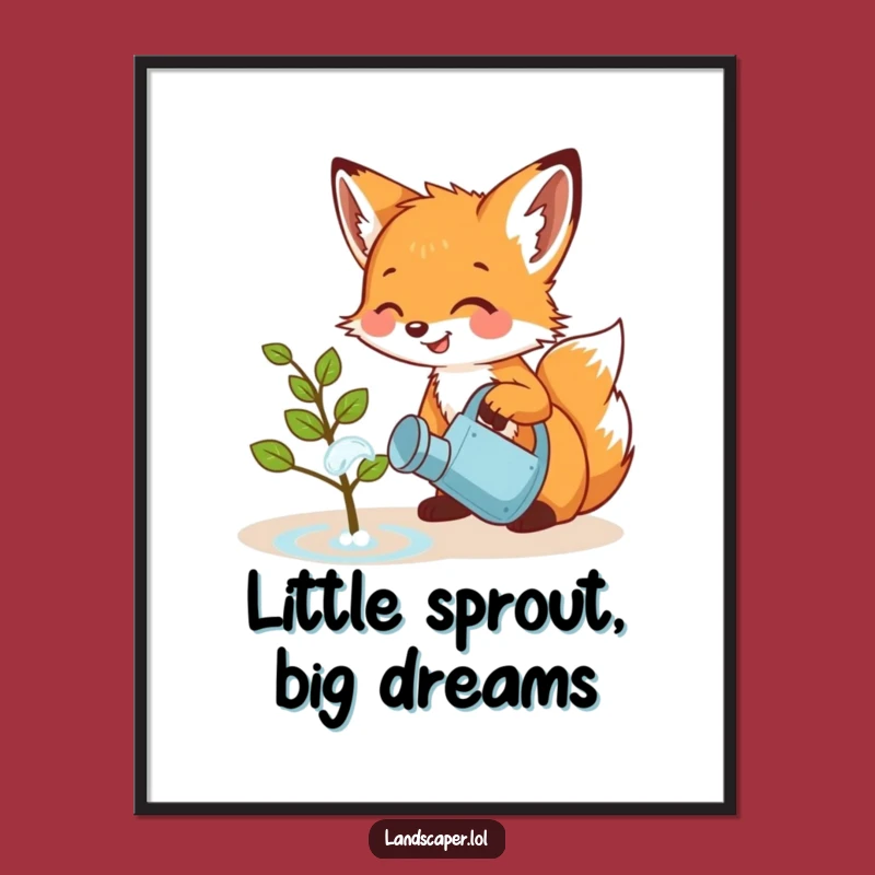 Free Printable Wall Art: Funny Fox Cub Watering Sapling - Hilarious Downloadable Nursery Decor