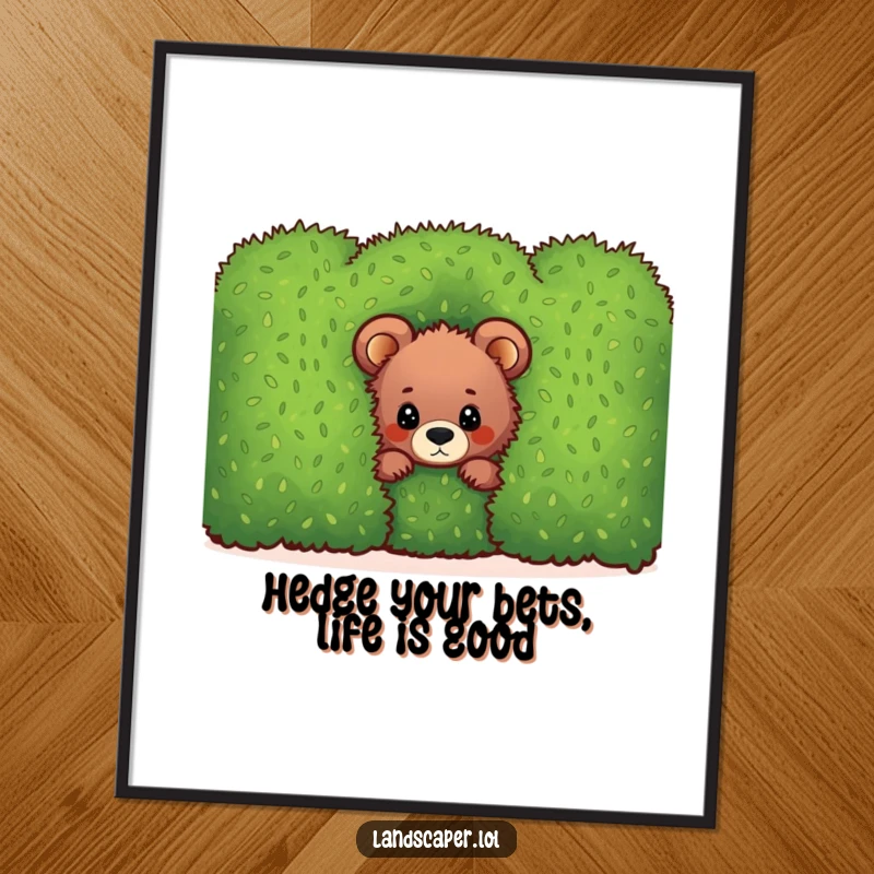 Funny Free Printable Wall Art: A curious bear cub peeking from behind a lush hedge, bringing outdoor charm indoors.