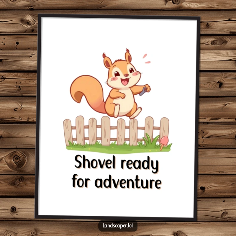 Funny Free Printable Wall Art: A happy squirrel bouncing excitedly while leaping over a garden fence with a tiny shovel, garden fun.