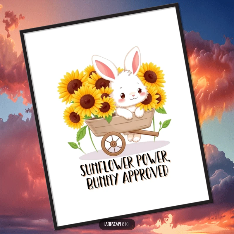 Funny Free Printable Wall Art featuring a fluffy bunny happily pushing a wheelbarrow overflowing with vibrant sunflowers.