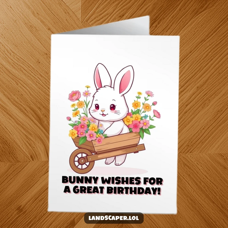 Funny Free Printable Birthday Card: Bunny pushing wheelbarrow full of flowers, great for a humorous, downloadable birthday wish.