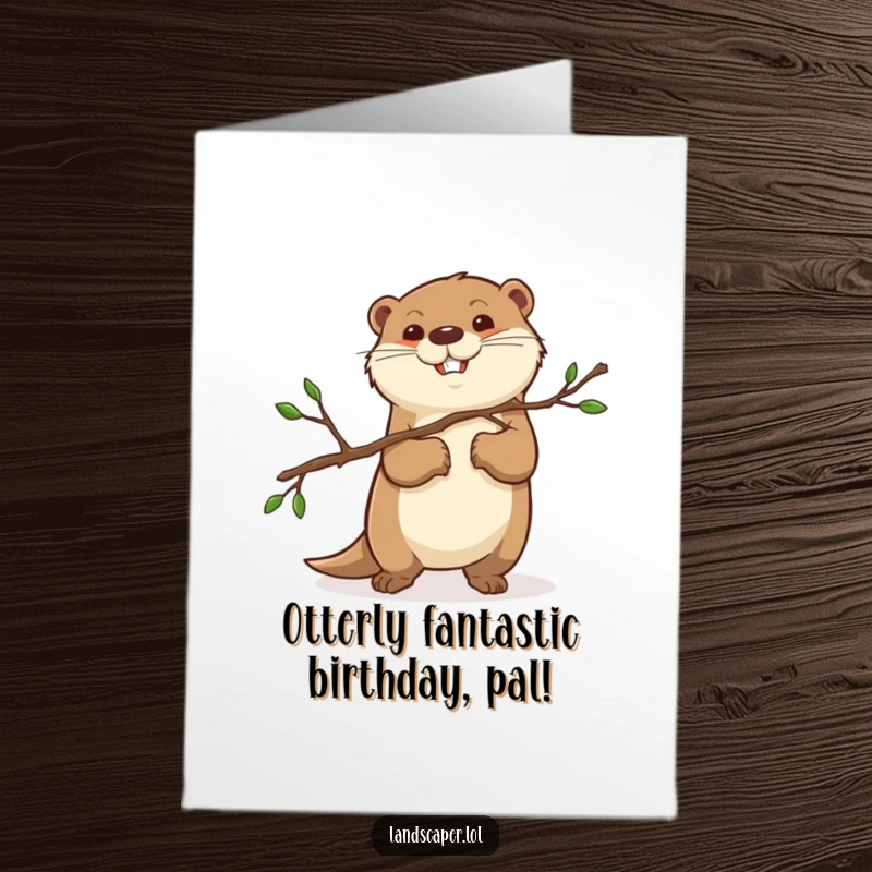 Funny Free Printable Birthday Card: Otter carrying a pruned branch with determination, ready to celebrate your birthday.
