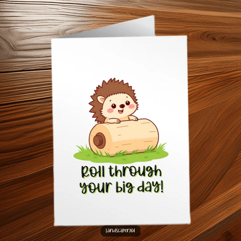 Funny Free Printable Birthday Card of a cheerful hedgehog diligently rolling a large lawn roller across grass.