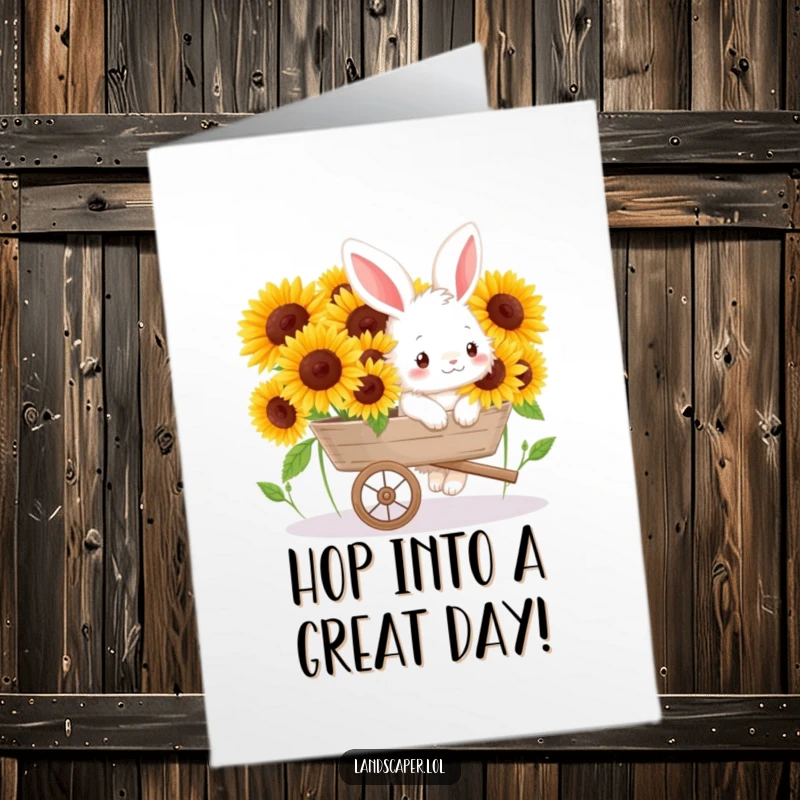 Funny Free Printable Birthday Card of a fluffy bunny happily pushing a wheelbarrow overflowing with bright sunflowers.