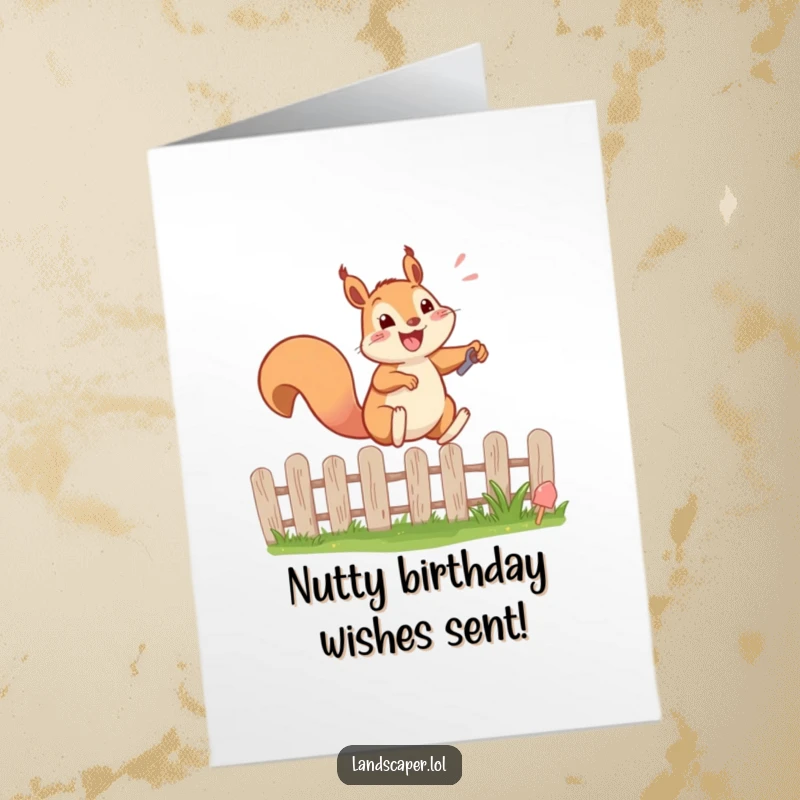 Funny Free Printable Birthday Card: A happy squirrel bouncing excitedly while leaping over a garden fence with a tiny shovel.