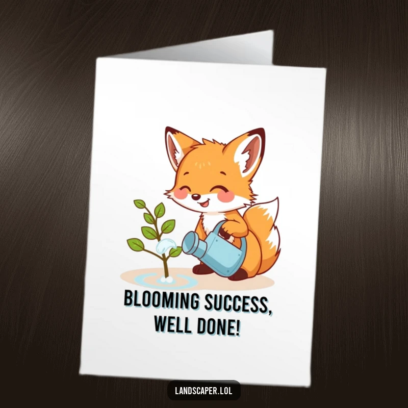 Funny Free Printable Congratulations Card: A playful fox cub giggling as it waters a small, cheerful sapling, celebrating growth.
