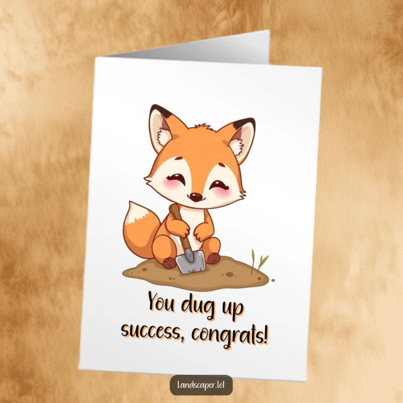 Funny Free Printable Congratulations Card: A happy fox excitedly digging with a tiny shovel, celebrating their milestone.