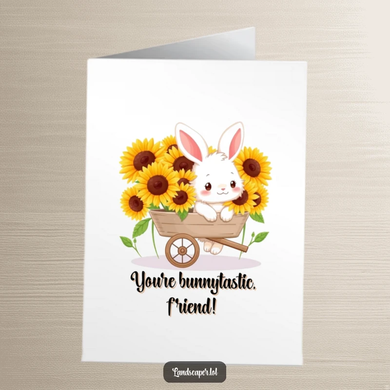 Funny Free Printable Congratulations Card showing a happy bunny pushing a wheelbarrow full of vibrant sunflowers, celebrating success.