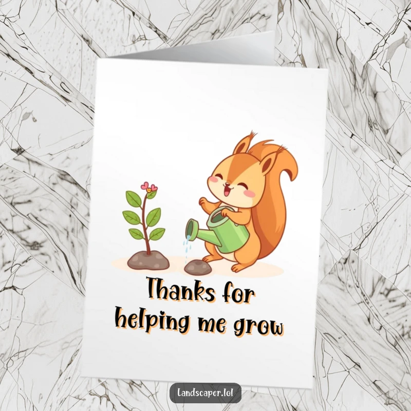Funny Free Printable Thank You Card of a playful squirrel watering a tiny sapling, symbolizing nurturing gratitude.