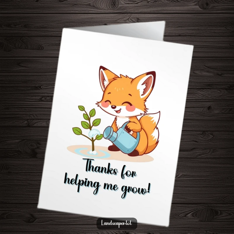 Funny Free Printable Thank You Card: A playful fox cub giggling while watering a small, happy sapling with a miniature watering can.